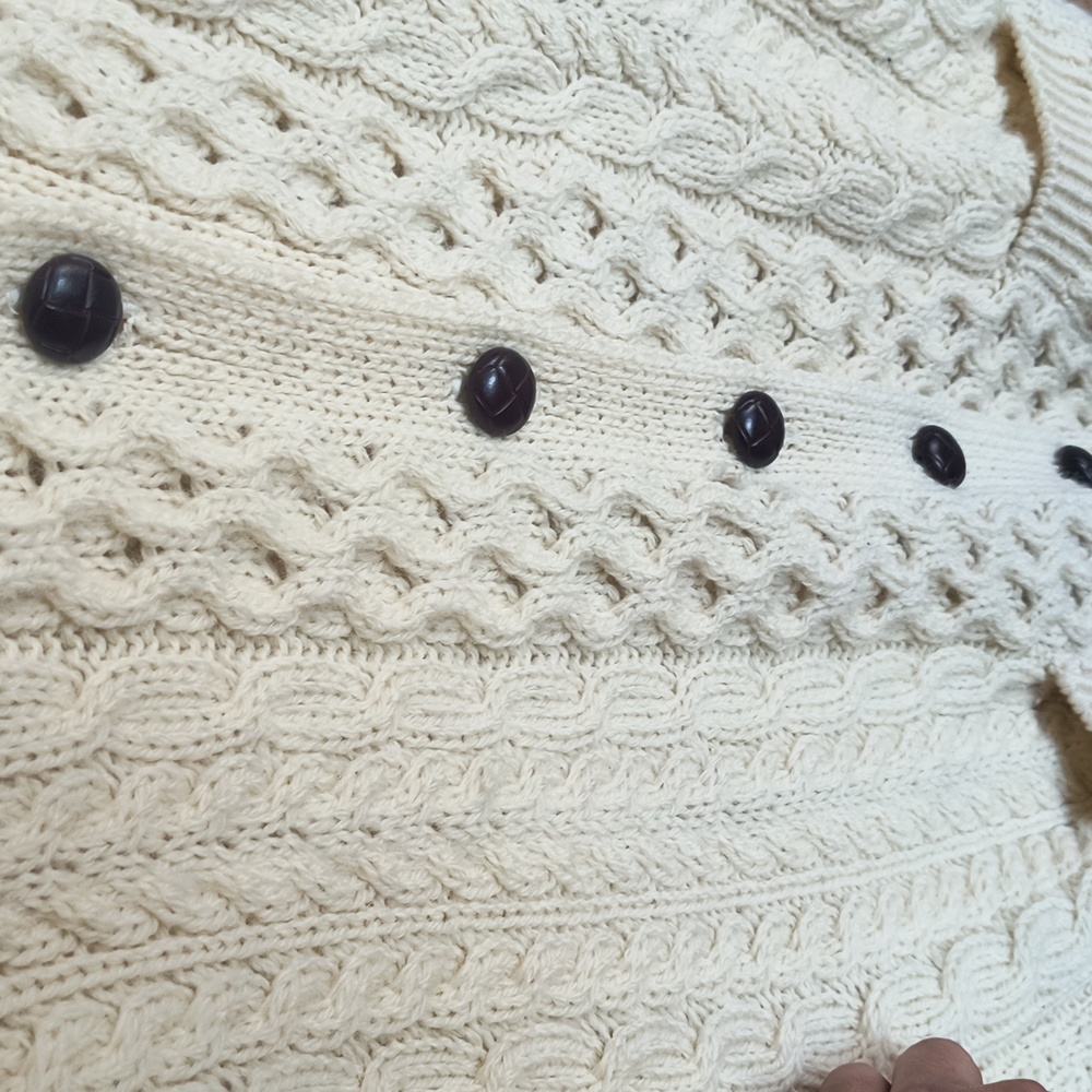 Vintage Carraig Donn 100% Wool Cream Chunky Knit Fisherman Cardigan Sz Large M - Picture 9 of 17